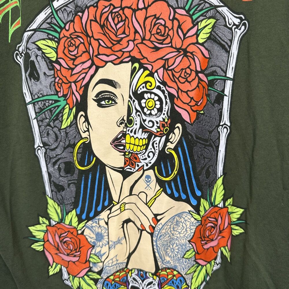 Sullen Art Collective T Shirt Mens Medium M Green Skull Roses Graphic Tattoo Tee - Picture 7 of 8